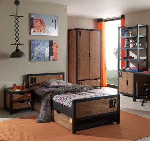 Set Mobilier Cameră Copii ALEX, format din 5 Piese, Pat 90x200 cm, Pin Masiv și Metal Negru – Vipack - Img 1
