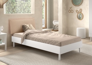 Set Mobilier Camera Copii Forrest Beech, Pat 90x200 cm cu Tăblie Textilă, Noptieră și Birou, din Lemn Masiv de Fag, Alb – Vipack