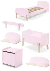 Set Mobilier Kiddy pentru Camera Copii – Pat 90x200 cm, Noptieră, Bară Siguranță, Cutie Jucării & 2 Polițe Perete – Roz Pal – Vipack - Img 7