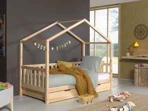 Set Pat Căsuță, cu Protecție și Sertar, Natur, 90 x 200 cm, Pin Masiv – Dallas – Vipack
