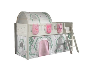 Set pat semi-supraetajat pentru copii SCOTT, alb, 90 x 200 cm, pin scandinav masiv, cu scară, opțional cu sertare și buzunare pentru depozitare și perdea de joacă BIRDY – Vipack - Img 2