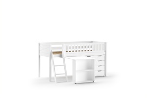 Set pat semi-supraetajat pentru copii SCOTT, alb, 90 x 200 cm, pin scandinav masiv, cu scară, birou glisant și comodă cu 3 sertare – Vipack - Img 2