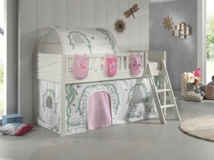 Set pat semi-supraetajat pentru copii SCOTT, alb, 90 x 200 cm, pin scandinav masiv, cu scară, opțional cu sertare și buzunare pentru depozitare și perdea de joacă BIRDY – Vipack - Img 1
