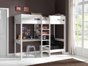 Set pat supraetajat copii PINO alb cu fotoliu canapea extensibil și saltea inclusă – Vipack - Img 2