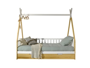Set TIPI este format din Pat copii înalt cu gard (90 x 200 cm) și un sertar în culoare culoare lemn natural. - Img 1