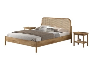 This OLIVE combination consists of a double bed (160 x 200 cm) with a rattan headboard and two bedside tables with rattan.