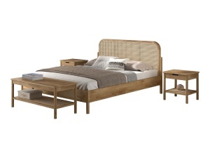 This OLIVE combination consists of a double bed (160 x 200 cm) with a rattan headboard, two bedside tables with drawer and a bench.
