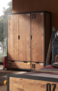 Dulap Copii ALEX cu 3 Uși, Pin Masiv, Rafturi și Sertare, Design Industrial – Vipack - Img 1