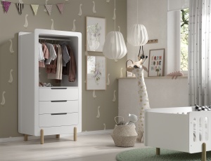 Dulap pentru copii SMILE, alb, cu 3 sertare și bară pentru haine, picioare rotunde din lemn natural – Vipack - Img 1