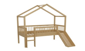 Pat Casă Înălțat Forrest Oak 90x200 cm, pentru Camera Copii, din Lemn de Stejar, Natur, cu Tobogan și Sertare – Vipack - Img 5