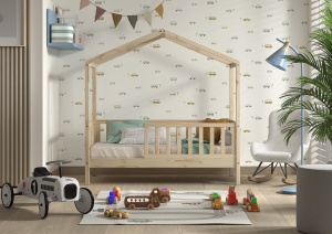 Pat Căsuță Copii cu Protecție, Natur, 70 x 140 cm, Pin Masiv – Dallas – Vipack - Img 1