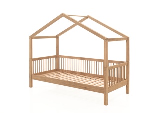 Pat Căsuță Forrest Oak pentru Camera Copii, 90x200 cm, cu Set Textil Inclus, din Lemn Masiv de Stejar, Natur – Vipack - Img 5