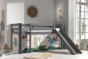 Pat copii cu tobogan, înălțime medie, gri, 90x200 cm, somieră inclusă, husă Dino – Vipack Pino - Img 1