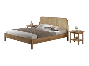 Pat dublu OLIVE, 180 x 200 cm, cu tăblie rotunjită din rattan și aspect lemn de stejar, design modern, fără somieră inclusă, cu noptieră cu două rafturi deschise – Vipack - Img 2