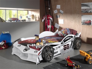 Pat Mașină de Curse Auto pentru Copii, 90x200 cm, Alb (MDF) – Vipack - Img 1