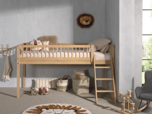 Pat Semi-Înălțat Forrest Oak pentru Camera Copii, 90x200 cm, cu Set Textil Inclus, din Lemn Masiv de Stejar, Natur – Vipack - Img 11