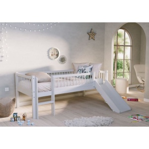 Pat Semi-Înălțat (Mid-Sleeper) cu Tobogan și Scară Forrest Beech pentru Camera Copii, 90x200 cm, din Lemn Masiv de Fag, Alb – Vipack - Img 1