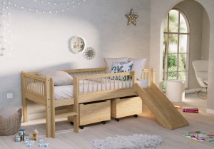 Pat Semi-Înălțat (Mid Sleeper) Forrest Oak 90x200 cm, pentru Camera Copii, din Lemn de Stejar, Natur, cu Tobogan și Sertare – Vipack - Img 1