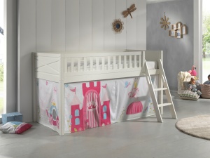 Pat semi-supraetajat pentru copii SCOTT, alb, 90 x 200 cm, din pin scandinav masiv, cu scară, opțional cu sertare pentru depozitare și perdea de joacă PRINCESS – Vipack - Img 1