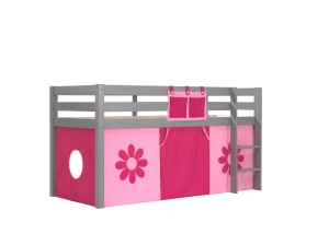 Pat supraetajat PINO, cu scară și o perdea de joacă "Pink Flower", 209 x 105 x 114 cm, Gri, VIPACK – Combinația ideală pentru joacă și somn - Img 2