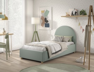 Pat tapițat pentru copii MOON, 90 x 200 cm, verde, cu țesătură bouclé și spațiu de depozitare – Vipack