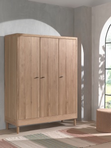 Set Complet Mobilier Camera Copii Forrest Oak, Pat 90x200 cm cu Tăblie Textilă, Dulap cu 3 Uși, Noptieră și Birou, din Lemn de Stejar, Natur – Vipack - Img 5