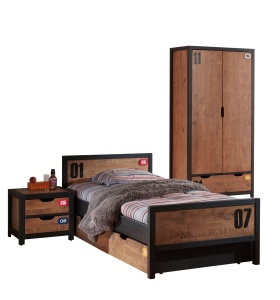 Set Complet Mobilier Copii ALEX, 4 Piese, Pat 90x200 cm cu Somieră, Pin Masiv, Design Industrial – Vipack - Img 2