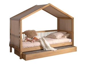 Set Complet: Pat Căsuță Forrest Oak pentru Camera Copii, 90x200 cm, cu Sertar Pat și Set Textil, din Lemn Masiv de Stejar, Natur – Vipack - Img 5
