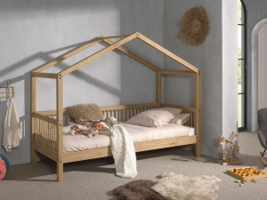 Set Complet: Pat Căsuță Forrest Oak pentru Camera Copii, 90x200 cm, cu Sertar Pat și Set Textil, din Lemn Masiv de Stejar, Natur – Vipack - Img 13