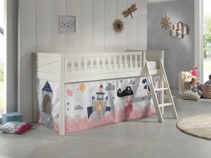 Set complet pat semi-supraetajat SCOTT pentru copii, alb, 90 x 200 cm, pin scandinav masiv, cu scară, 3 buzunare depozitare și perdea de joacă PRINCESS SOPHIE – Vipack - Img 1