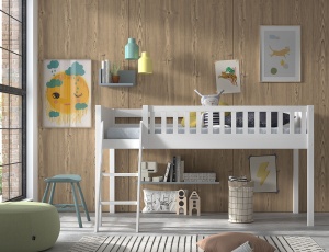 Set complet pat semi-supraetajat SCOTT pentru copii, alb, 90 x 200 cm, pin scandinav masiv, cu scară, 3 buzunare depozitare și perdea de joacă PRINCESS SOPHIE – Vipack - Img 7