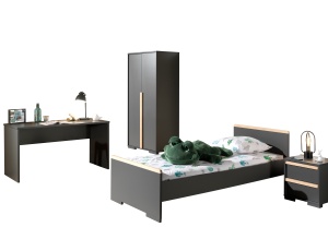Set LONDON în culoarea antracit format dintr-un Pat copii (90x200) cu noptieră, Dulap camera copii cu 2 uși și birou. - Img 1