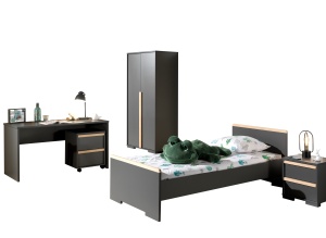 Set LONDON în culoarea antracit format dintr-un Pat copii (90x200) cu noptieră, Dulap camera copii cu 2 uși și birou cu cărucior de birou. - Img 1