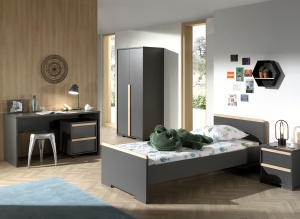 Set LONDON în culoarea antracit format dintr-un Pat copii (90x200) cu noptieră, Dulap camera copii cu 2 uși și birou cu cărucior de birou. - Img 2