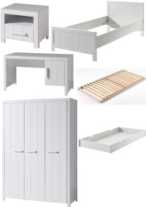 Set Mobilier Cameră Copii ERIK, pat 90x200 cm, dulap cu 3 uși, birou, noptieră și sertar, alb – Vipack - Img 5