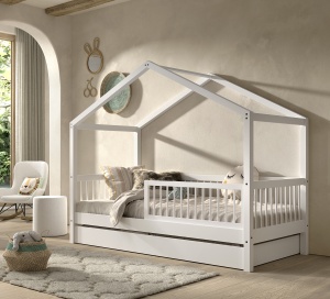 Set Mobilier Camera Copii Forrest Beech, Pat Căsuță 90x200 cm, Sertar Pat și Barieră Suplimentară, din Lemn Masiv de Fag, Alb – Vipack - Img 1