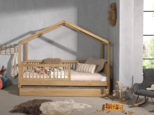 Set Mobilier Camera Copii Forrest Oak, Pat Căsuță 90x200 cm, Sertar Pat și Barieră Suplimentară, din Lemn Masiv de Stejar, Natur – Vipack - Img 3