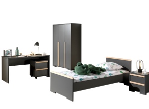 Set mobilier copii LONDON, pat 90x200 cm cu sertar depozitare / pat suplimentar + noptieră 2 sertare soft-close + dulap 2 uși cu rafturi și bară + birou + comodă cu rotile + bibliotecă 5 compartimente, antracit – Vipack - Img 2