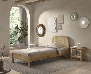 Set mobilier copii Pino, pat 90x200 cm cu capăt rotunjit din rattan și noptieră, olive – Vipack