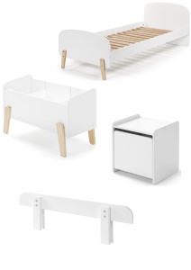 Set Mobilier Kiddy pentru Camera Copii – Pat 90x200 cm, Noptieră, Bară Siguranță & Cutie Jucării – Alb – Vipack - Img 5