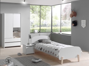 Set Mobilier Kiddy pentru Camera Copii – Pat 90x200 cm, Noptieră și Dulap 2 Uși – Alb – Vipack