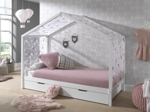 Set Pat Căsuță pentru copii, cu Sertar și Perdea Fluturi, Alb, 90 x 200 cm, Pin Masiv – Dallas – Vipack