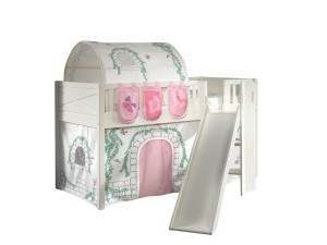 Set pat pentru copii SCOTT, alb, 90 x 200 cm, din pin scandinav și MDF, cu scară frontală, perdea de joacă BIRDY, tunel și buzunare de depozitare – Vipack - Img 2