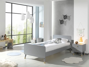 Set Pat Single și Noptieră pentru Copii, 90x200 cm, Gri (Pin Masiv și MDF) – Billy – Vipack