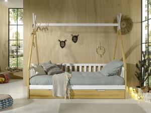 Set TIPI este format din Pat copii înalt cu gard (90 x 200 cm) și un sertar în culoare culoare lemn natural. - Img 2