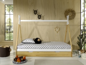 Set TIPI este format din Pat copii înalt fără gard (90 x 200 cm) și un sertar în culoare culoare lemn natural. - Img 2