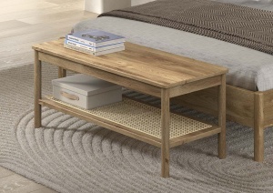 This OLIVE combination consists of a double bed (160 x 200 cm) with a rattan headboard, two bedside tables with drawer and a bench. - Img 9