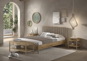 This OLIVE combination consists of a double bed (160 x 200 cm) with a slatted headboard, two bedside tables with drawer and a bench. - Img 2