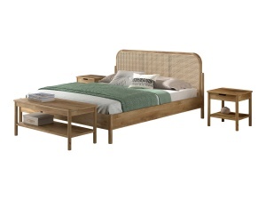This OLIVE combination consists of a double bed (180 x 200 cm) with a rattan headboard, two bedside tables with drawer and a bench.