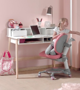Birou Kiddy, pentru Camera Copii, cu Secțiune Superioară și Picioare din Pin Masiv, Alb – Vipack - Img 1